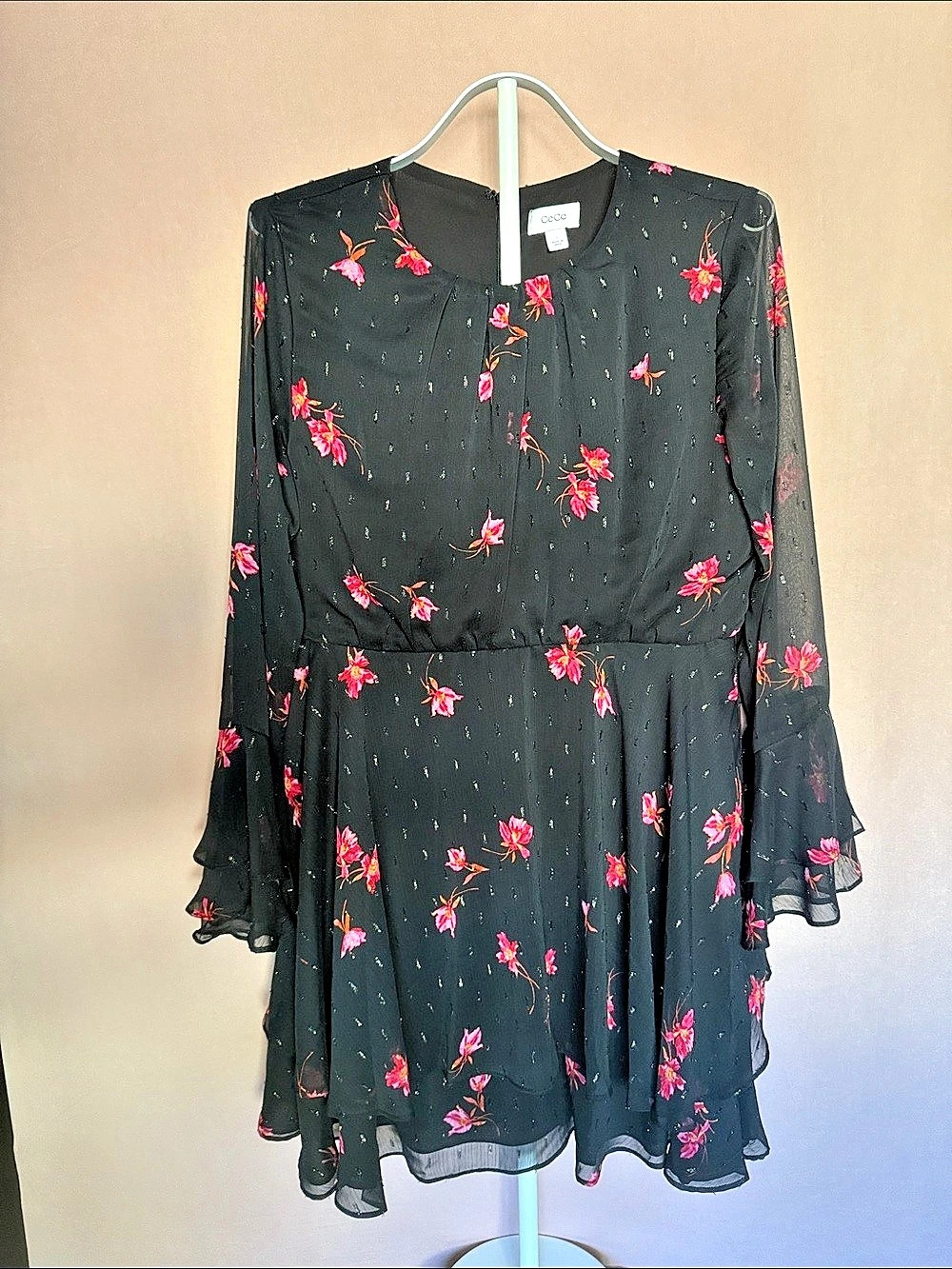 ceCe Metallic Dot Long Sleeve Ruffle Dress Black & Pink Size Large